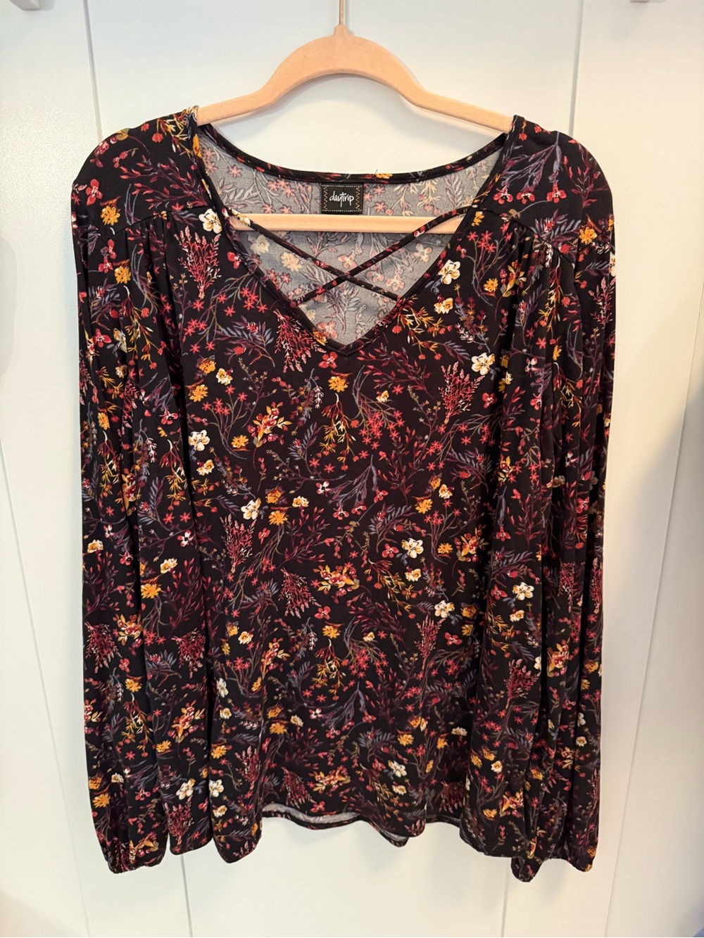 Daytrip Burgundy Floral Crisscross V-Neck Long Sleeve Top